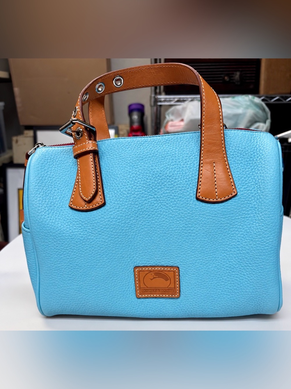 Dooney & Bourke Light Blue Pebbled Leather Satchel With Brown Trim New With Tags